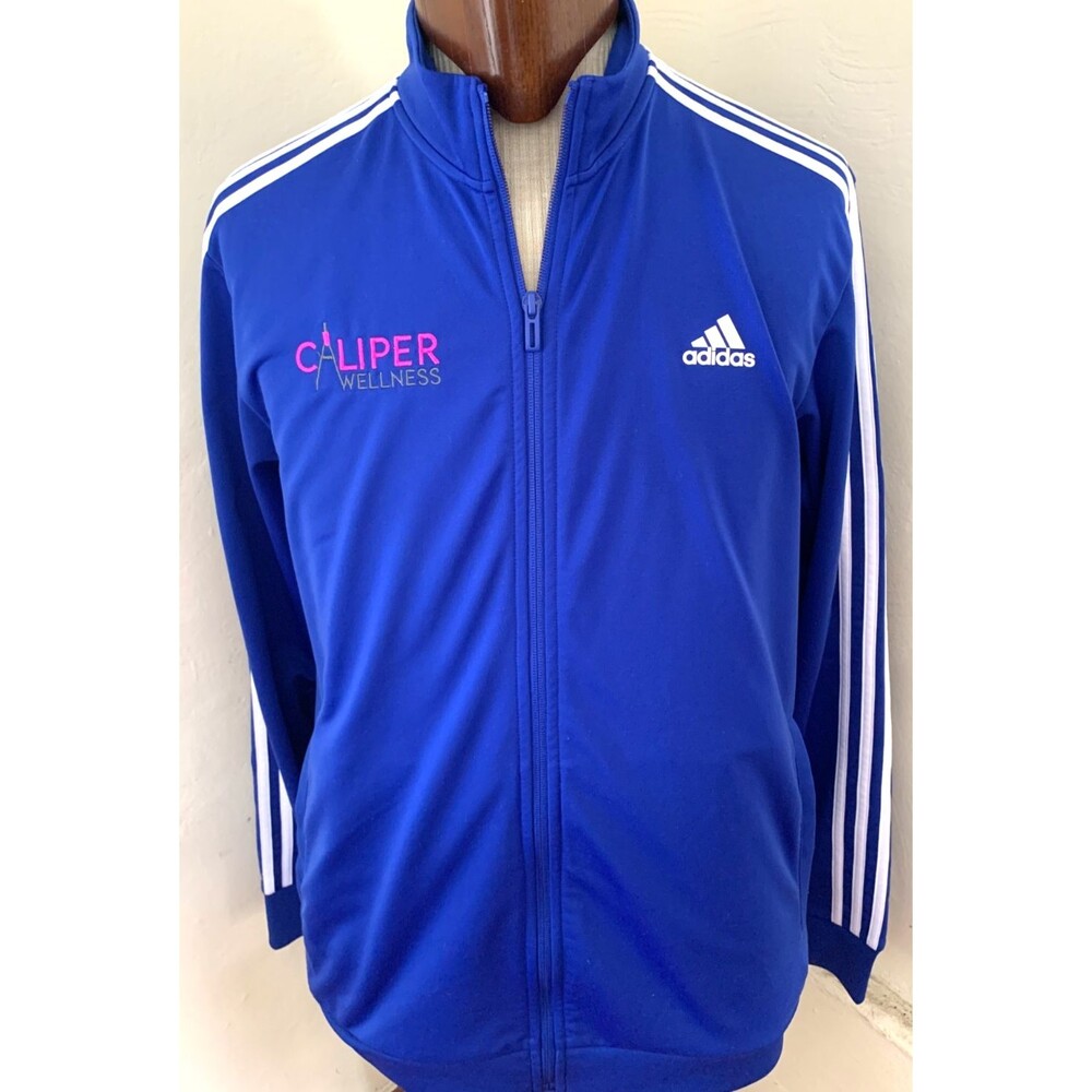 Adidas Royal Blue Track Jacket White Stripes Mens SZ LRG Wellness Patch on Chest